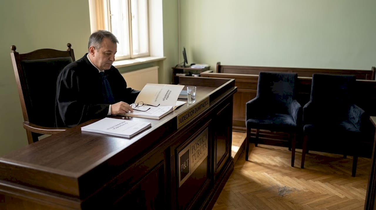 Judecătorul analizează actele de proprietate în sala de judecată.