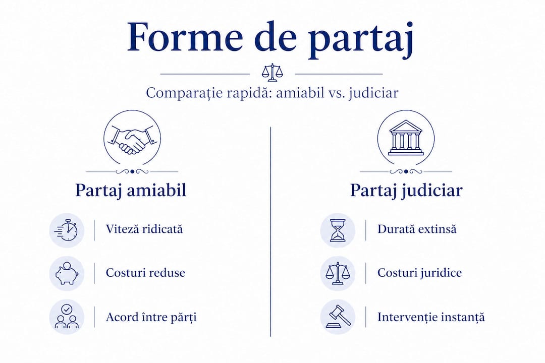 Infografic: diferențele dintre partajul pe cale amiabilă și cel prin instanță