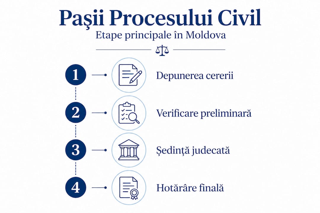 Infografic: etapele principale ale unui proces civil în Republica Moldova