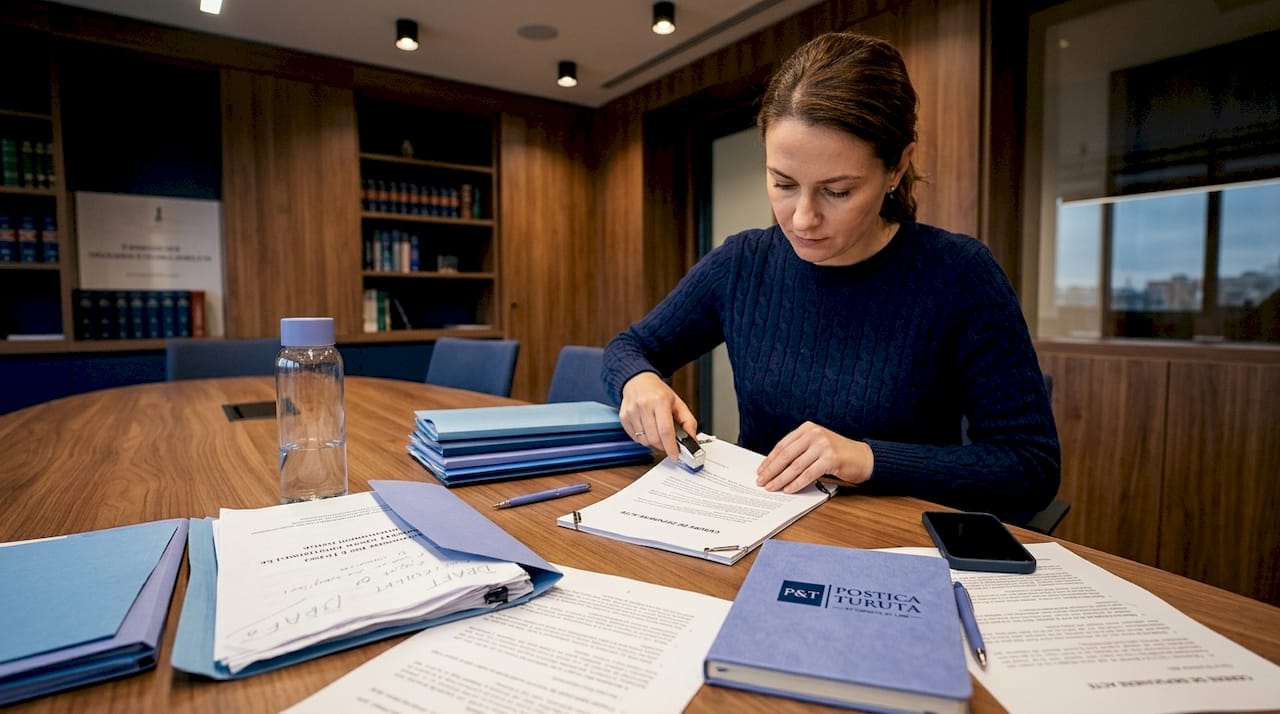 O persoană pregătește și organizează dosarele necesare pentru proces.