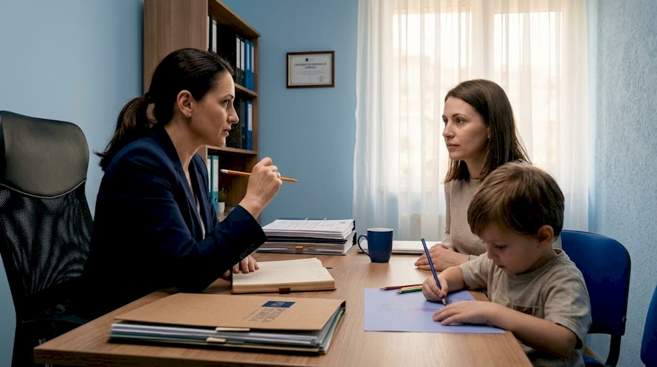 Avocatul discută cu mama despre procesul de custodie a copilului.