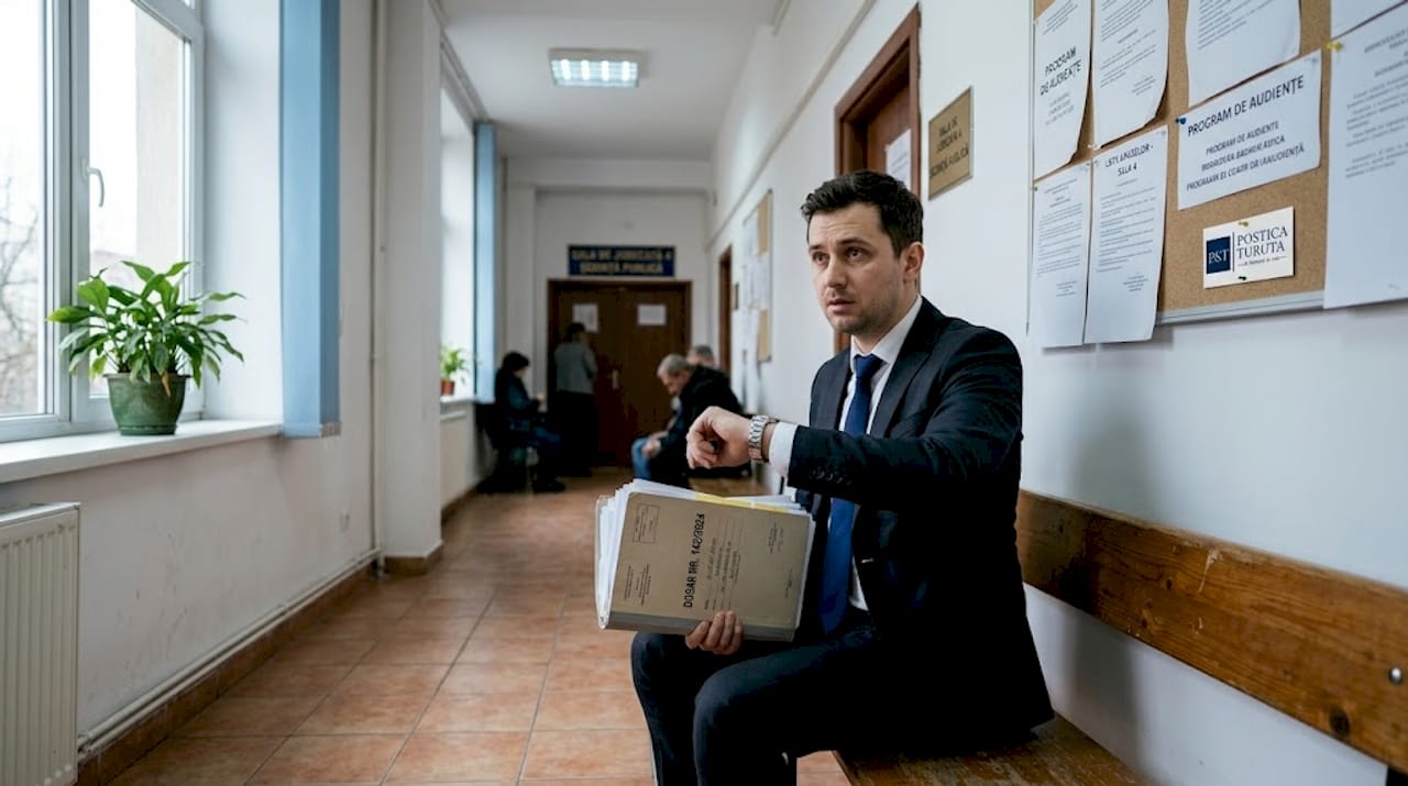 Un bărbat așteaptă pe holul unui tribunal din Republica Moldova.