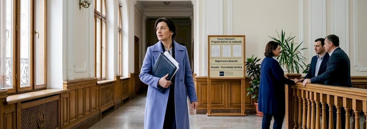 O femeie traversează holul tribunalului din Moldova, ținând în mână câteva dosare.