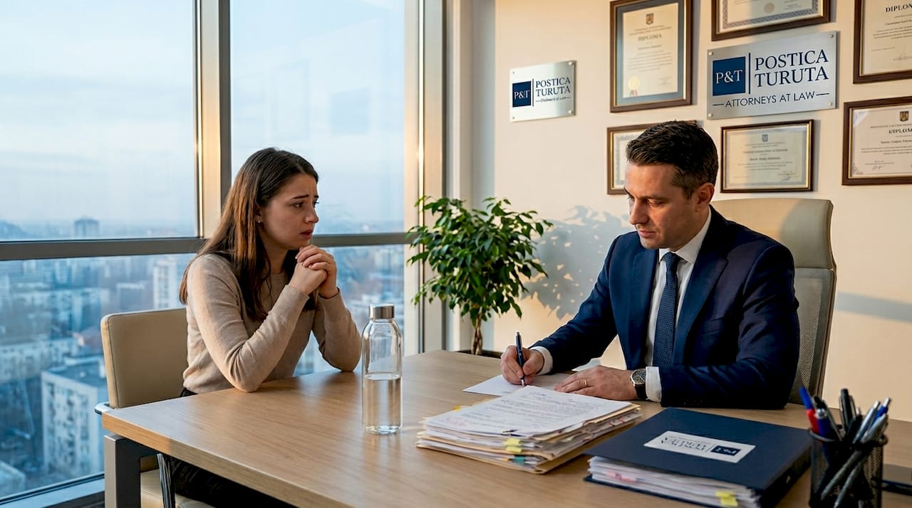 Întâlnire între clientă și avocat pentru consultanță și redactarea unei plângeri