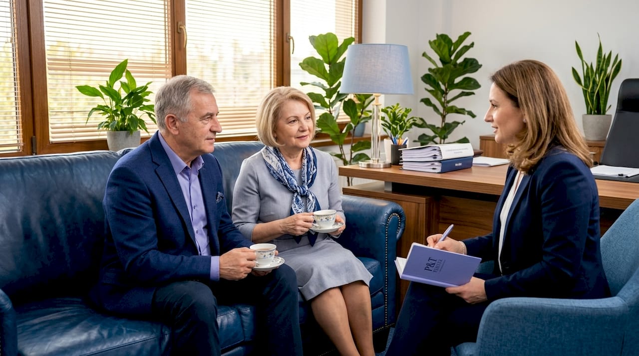 Un mediator discută cu un cuplu aflat în proces de divorț, într-un living relaxat, unde atmosfera este destinsă și propice dialogului deschis.