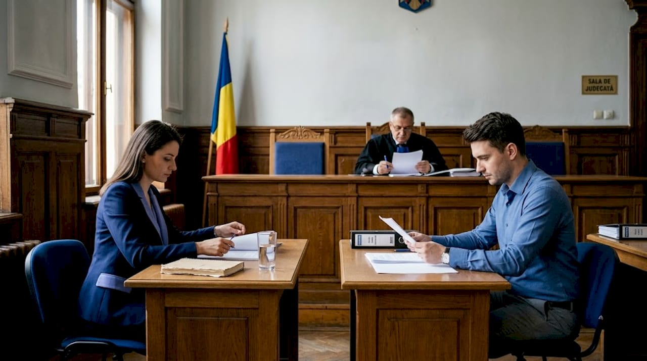 Români care își rezolvă divorțul în fața instanței, așezați la masa de judecată.
