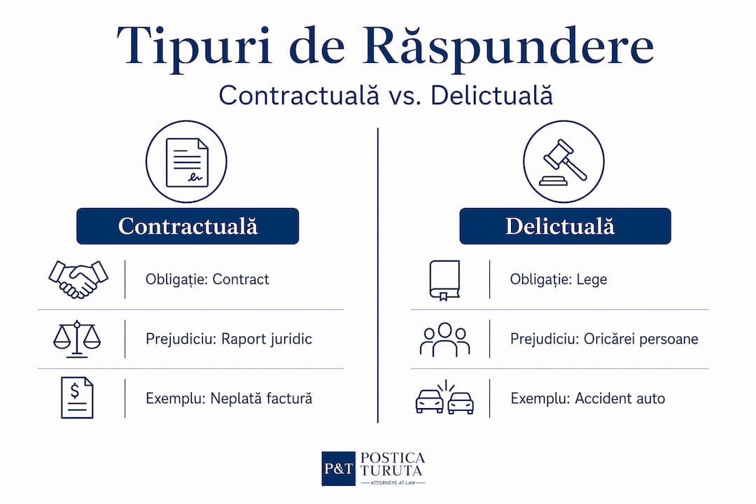 Infografic: Diferențele esențiale dintre răspunderea contractuală și cea delictuală