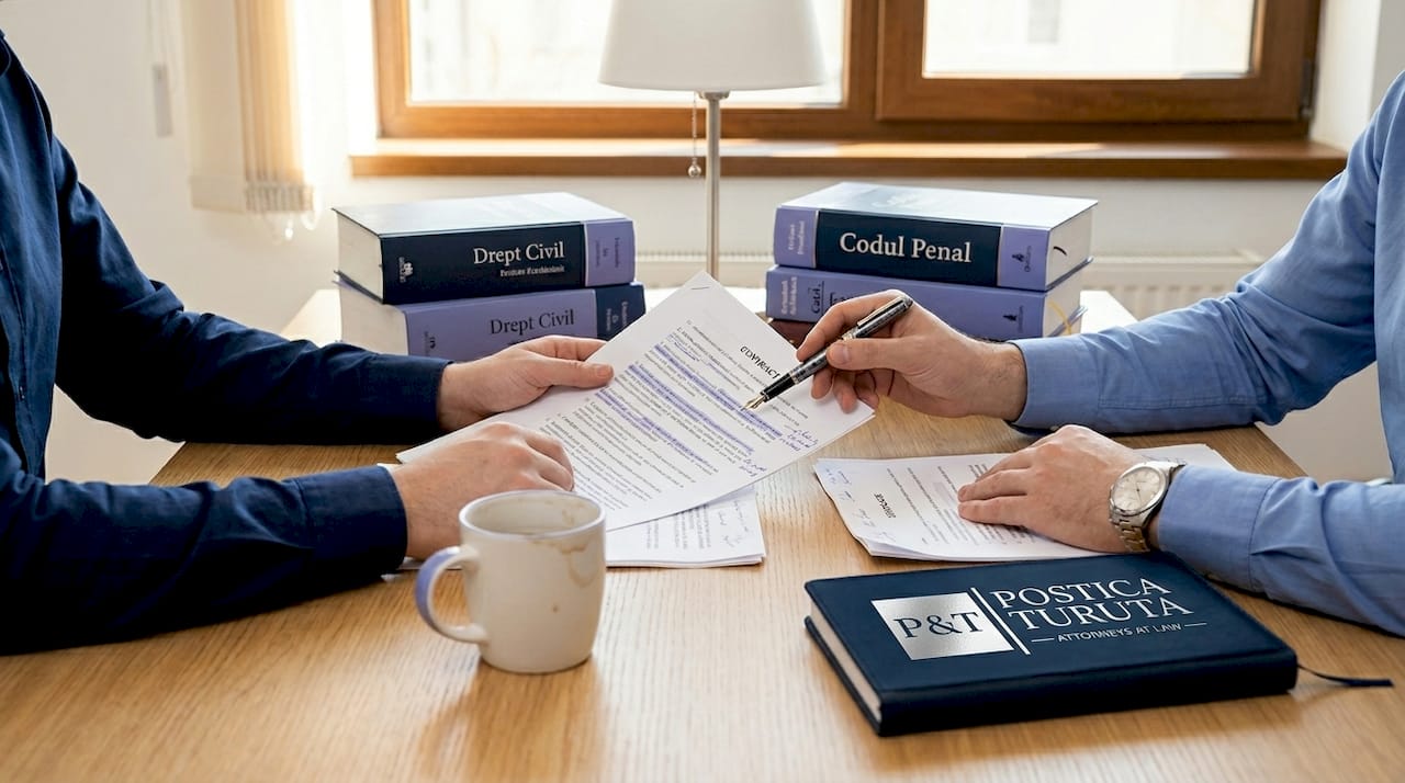Două persoane își dau mâna și discută detalii legate de o dispută contractuală.