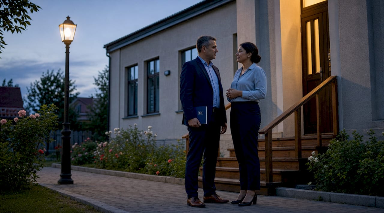 Un cuplu stă în fața biroului de divorț administrativ