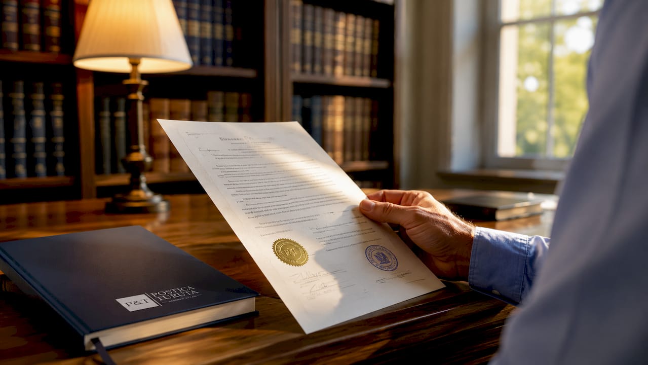 Mâini care analizează cu atenție un document legal, autentificat la notar.