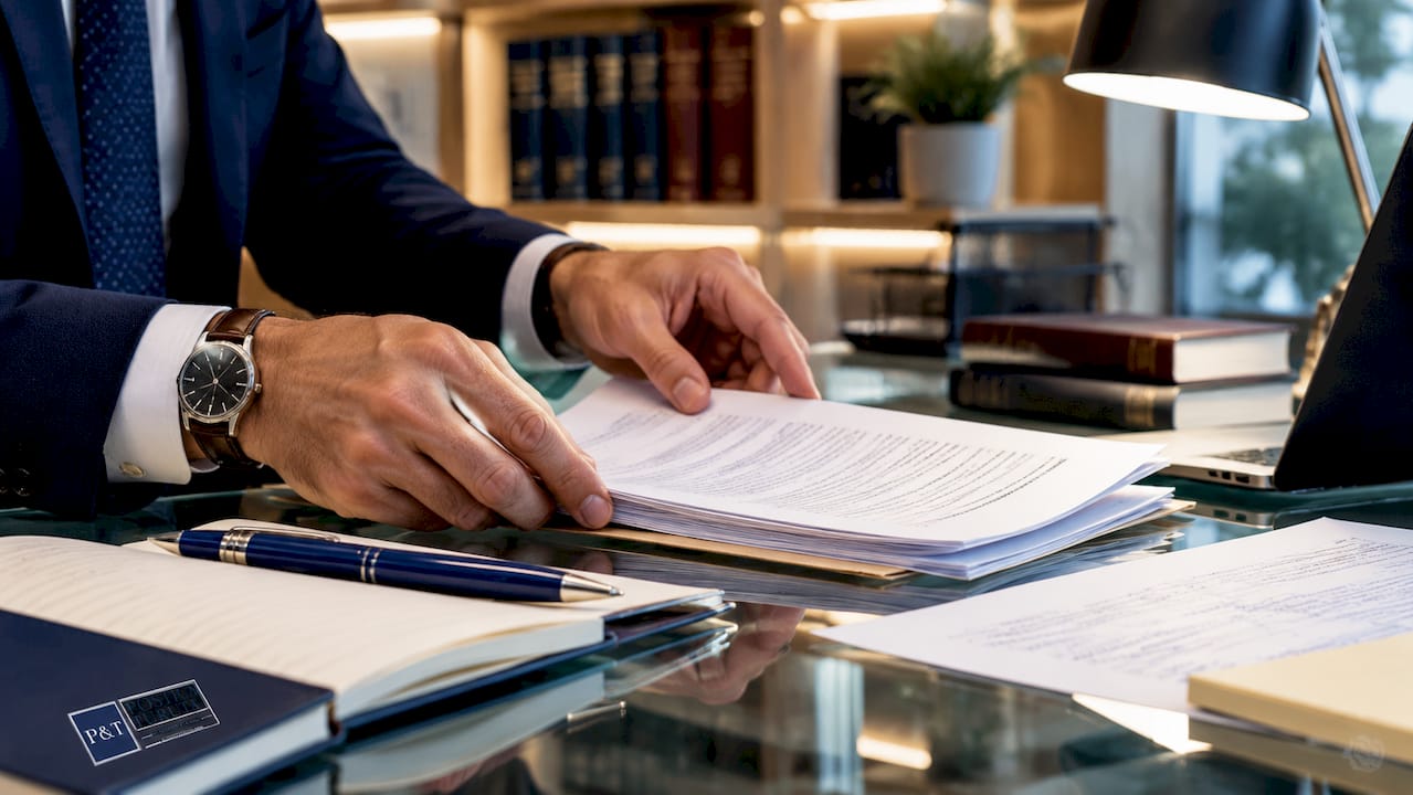 Un avocat își pune în ordine actele pentru semnarea unui contract