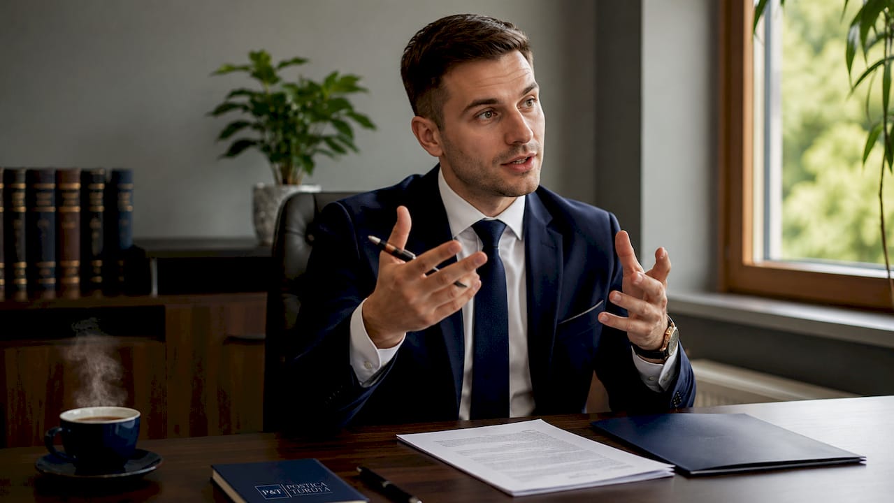 Avocatul discută cu clienții despre drepturile părintești, oferindu-le explicații clare într-un birou elegant.