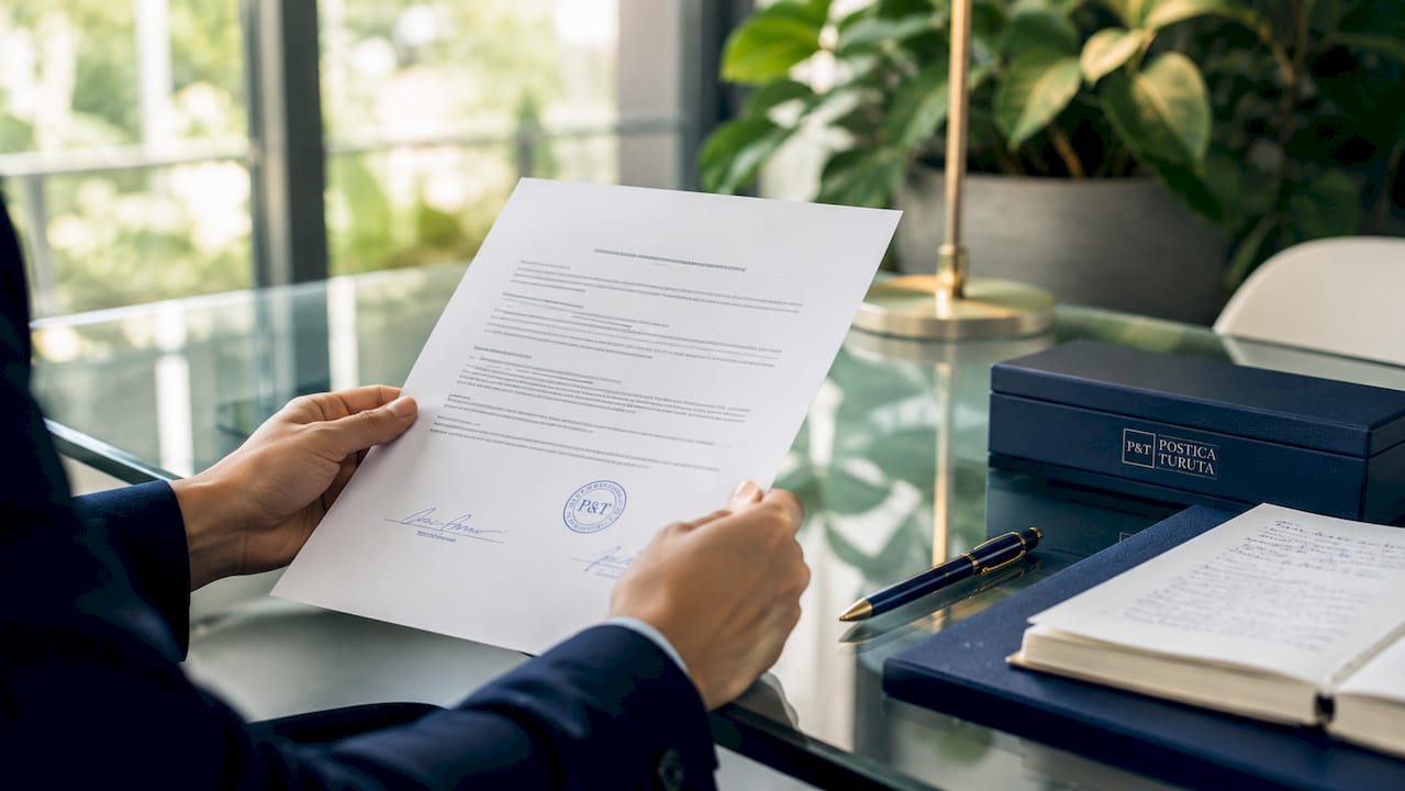 Două mâini țin un document oficial, ștampilat, așezat pe masă.