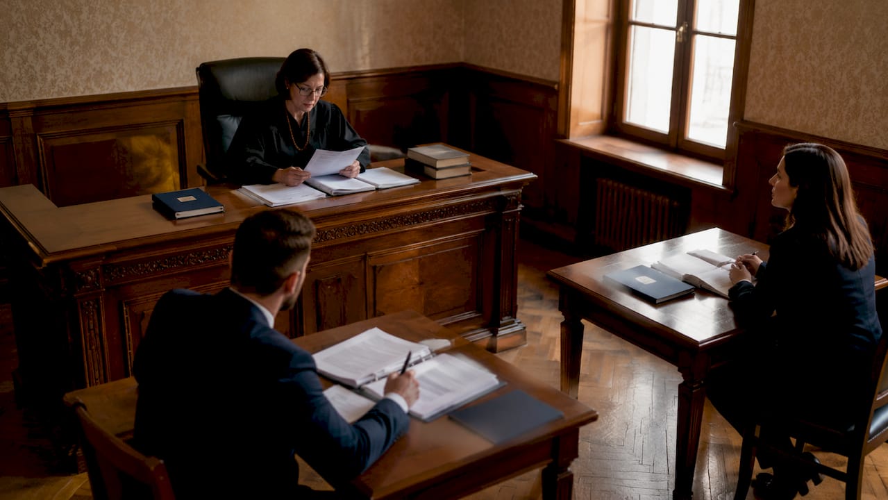 Judecătorul și avocații participă la ședința privind stabilirea custodiei copilului.