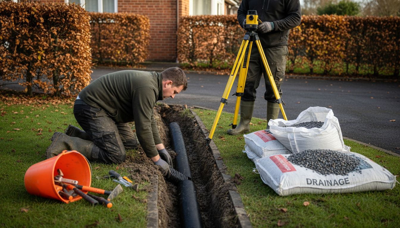 Workers installing drainage pipe by driveway