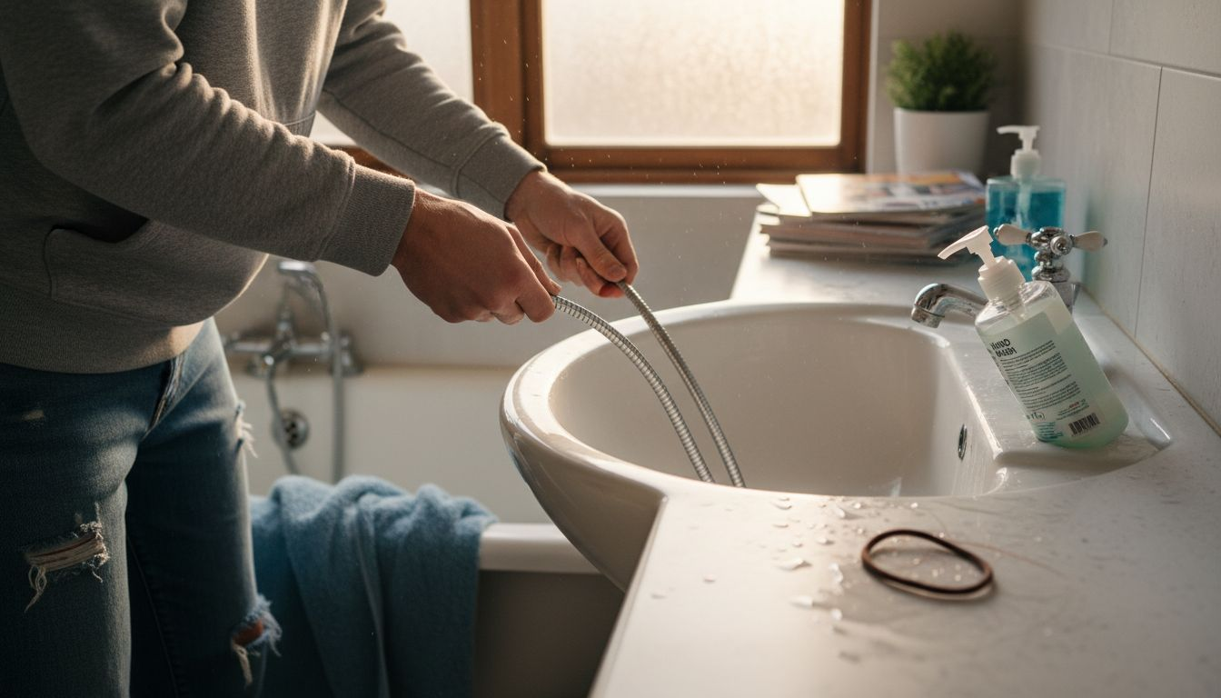 Person snaking bathroom drain with tools