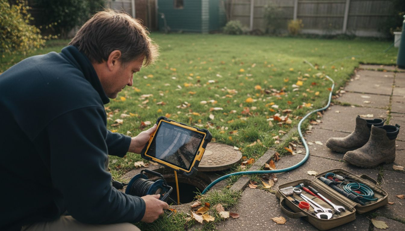 Surveyor performs CCTV drainage check in garden