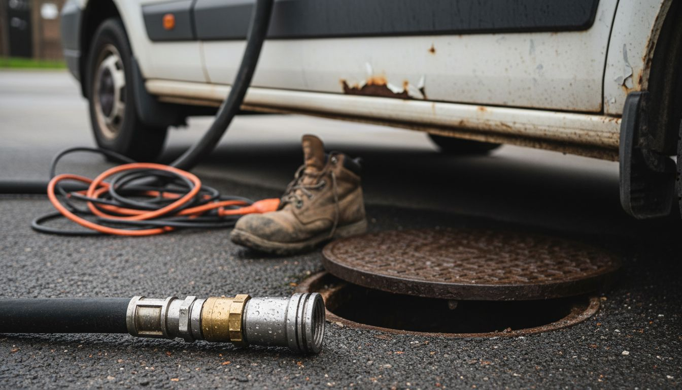 Close-up of drain jetting nozzle on ground