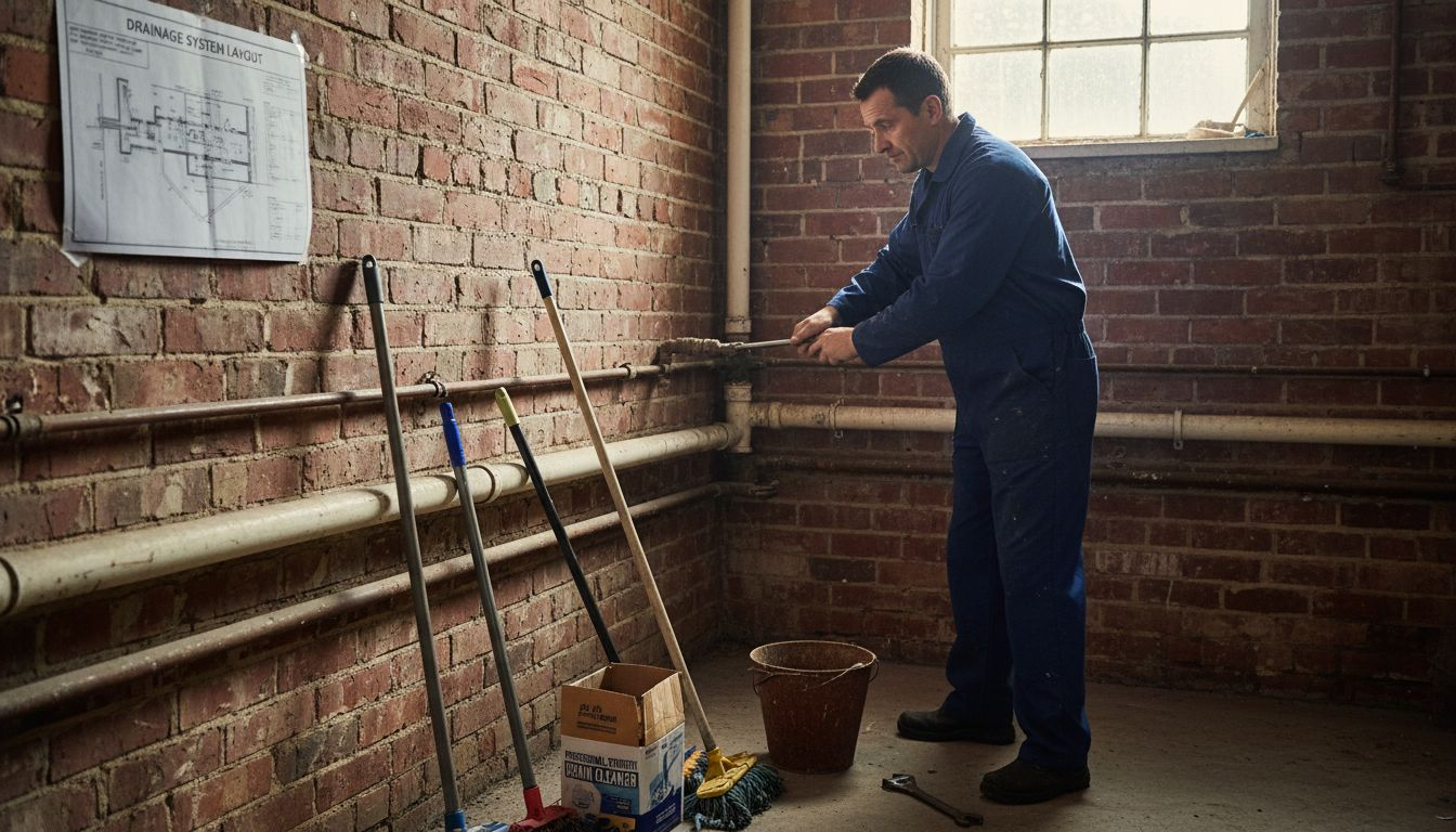 Worker maintains above ground drainage pipes