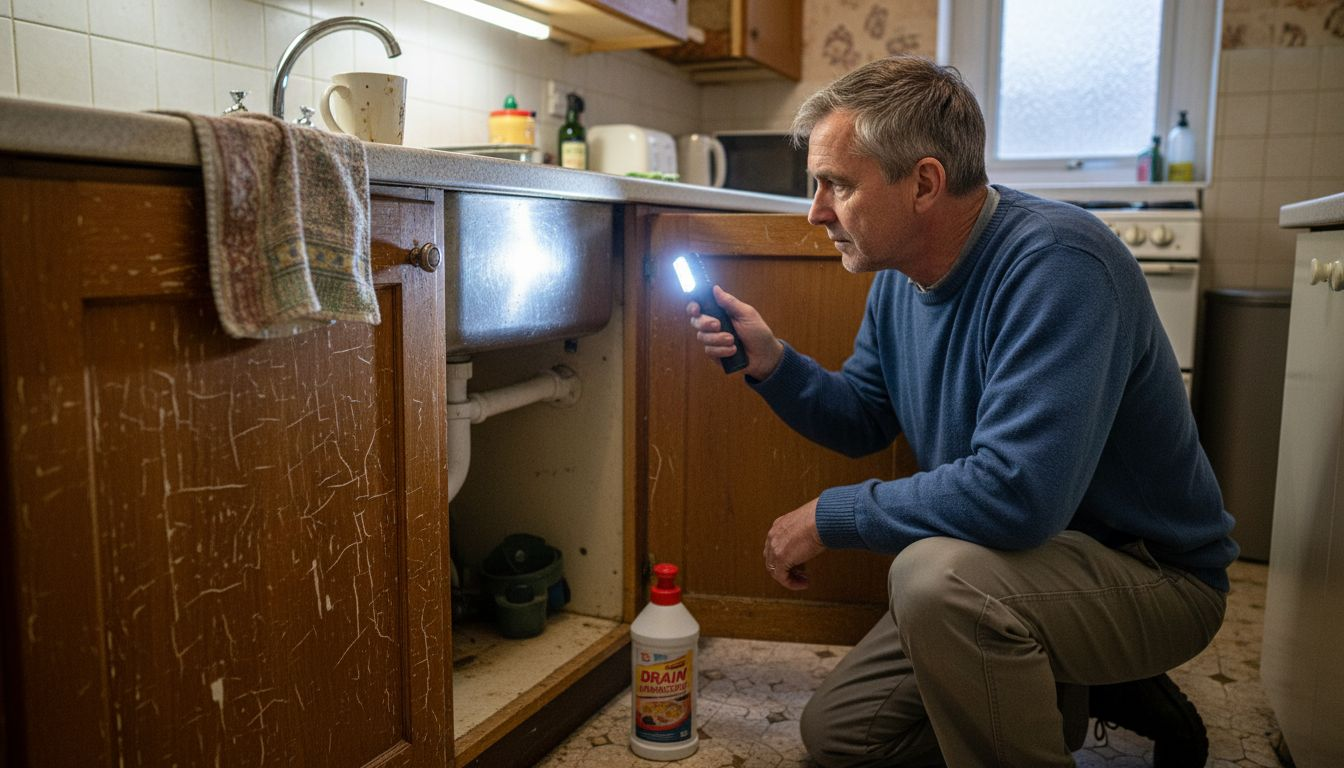 Homeowner inspecting kitchen drain pipes