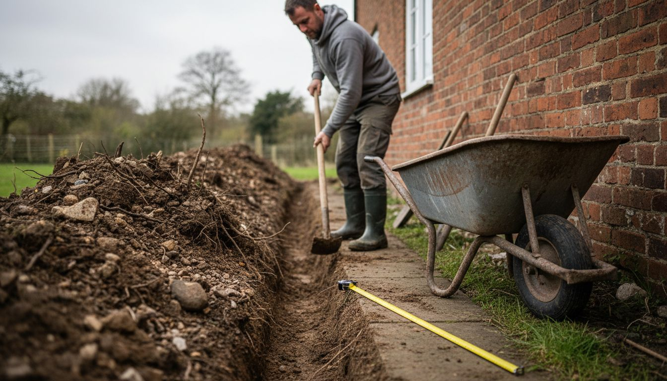 Person digging trench with spade near house