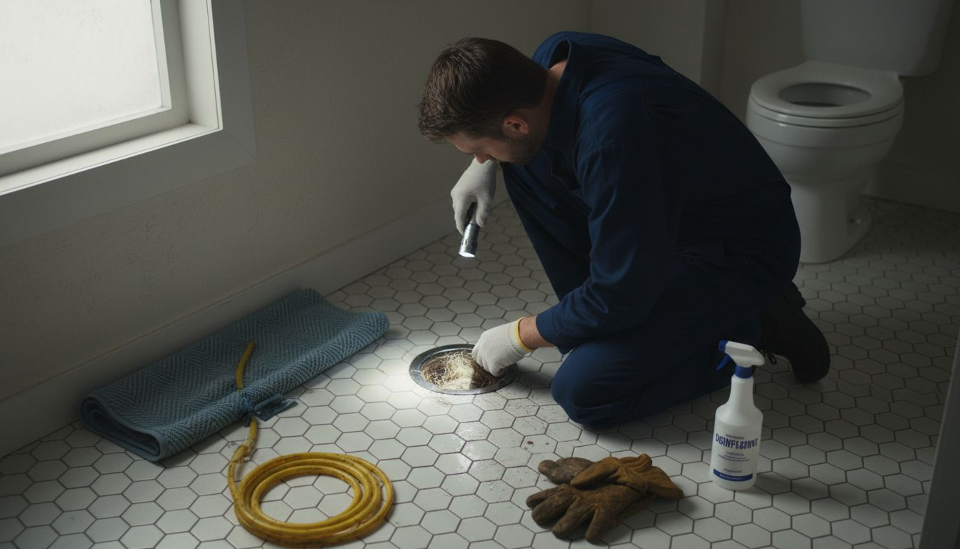 Plumber inspecting clogged bathroom shower drain