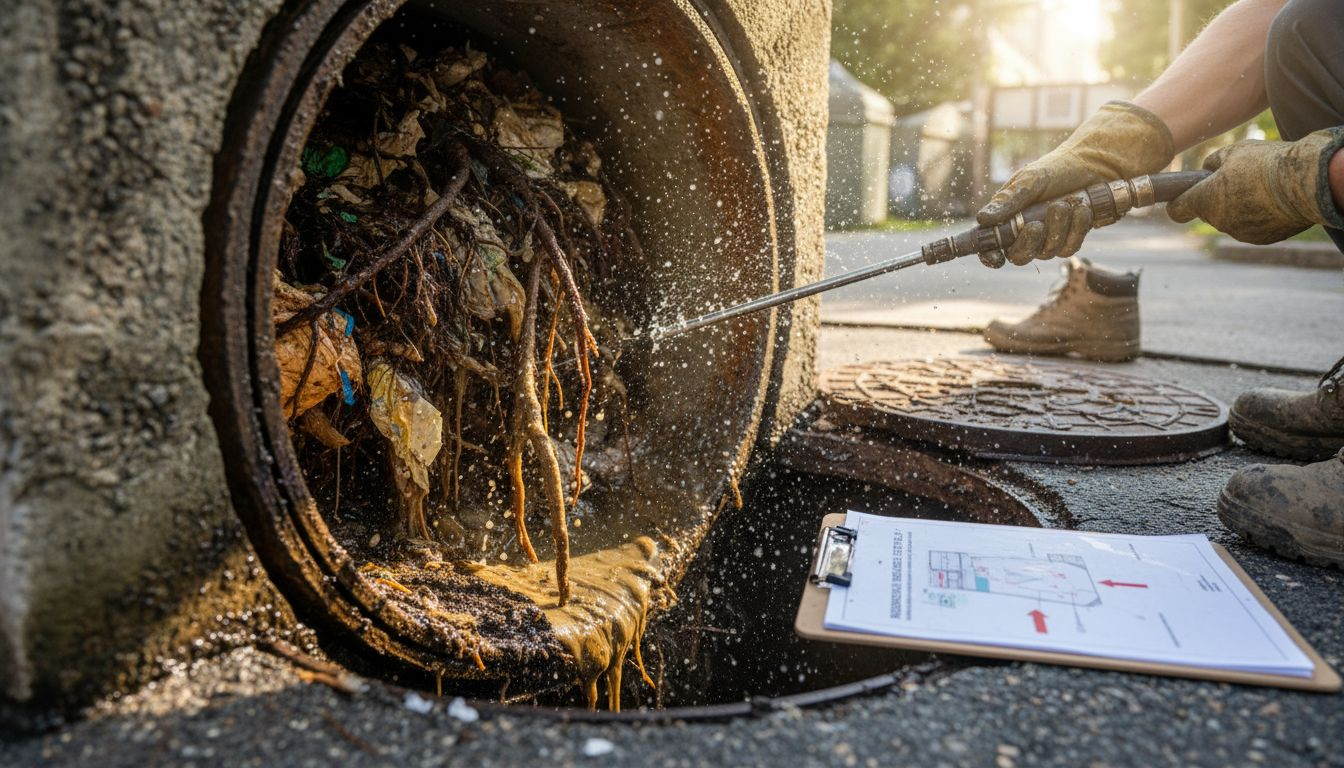 Obstructed pipe with debris and technician removing blockage