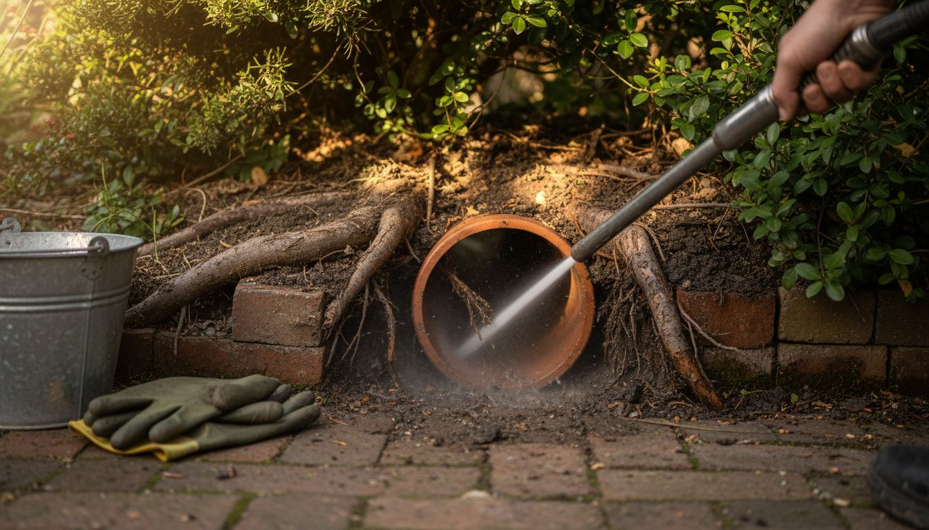 Drain jetting removing roots from old pipe