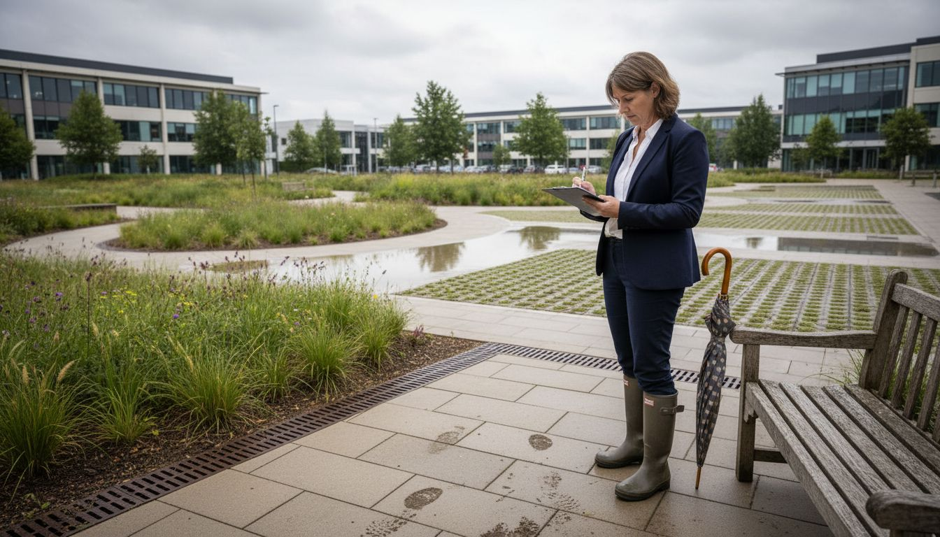 Manager observing green sustainable drainage system