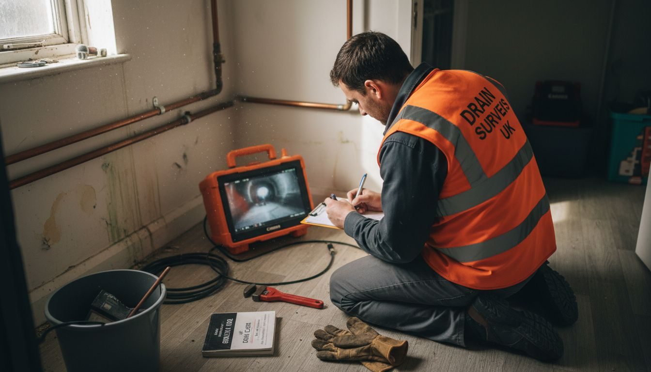 Specialist using drain inspection camera indoors