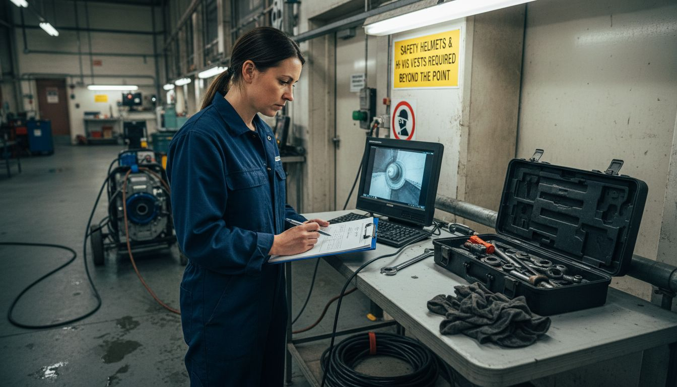 Technician inspecting CCTV monitor during drain cleaning