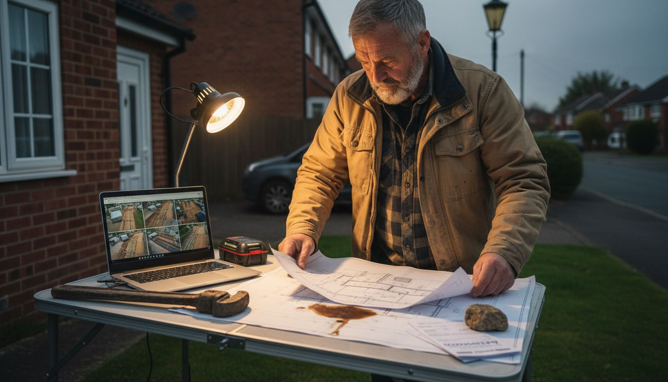 Specialist reviewing drainage blueprints at site