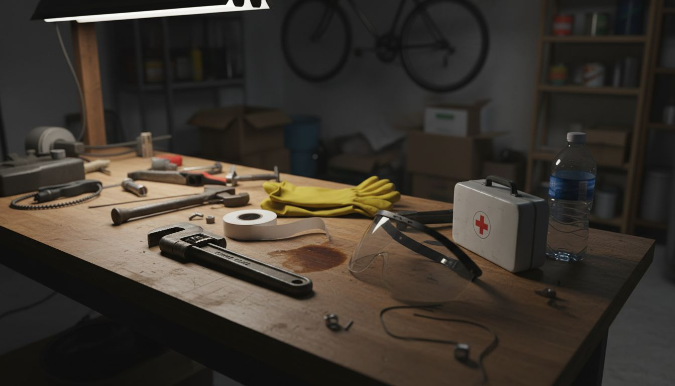 Drain repair tools and safety gear on workbench