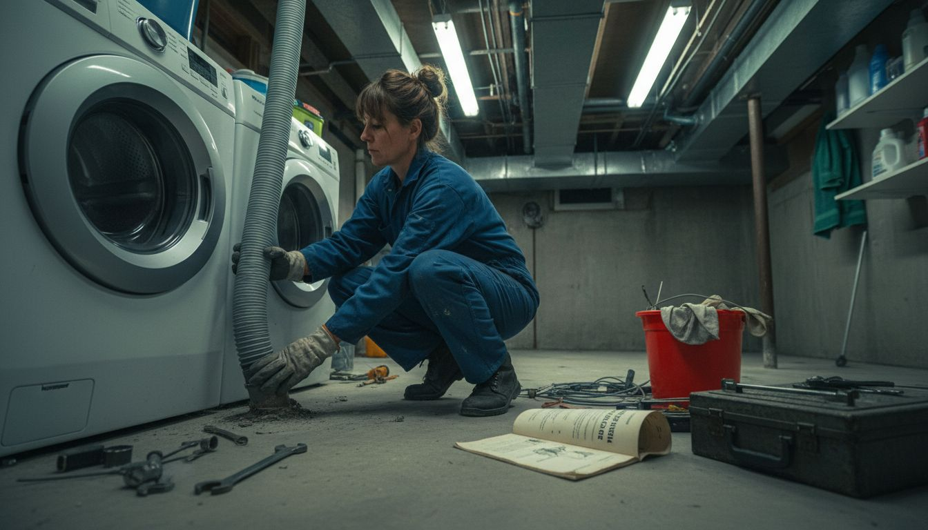 Technician relining drain in basement laundry