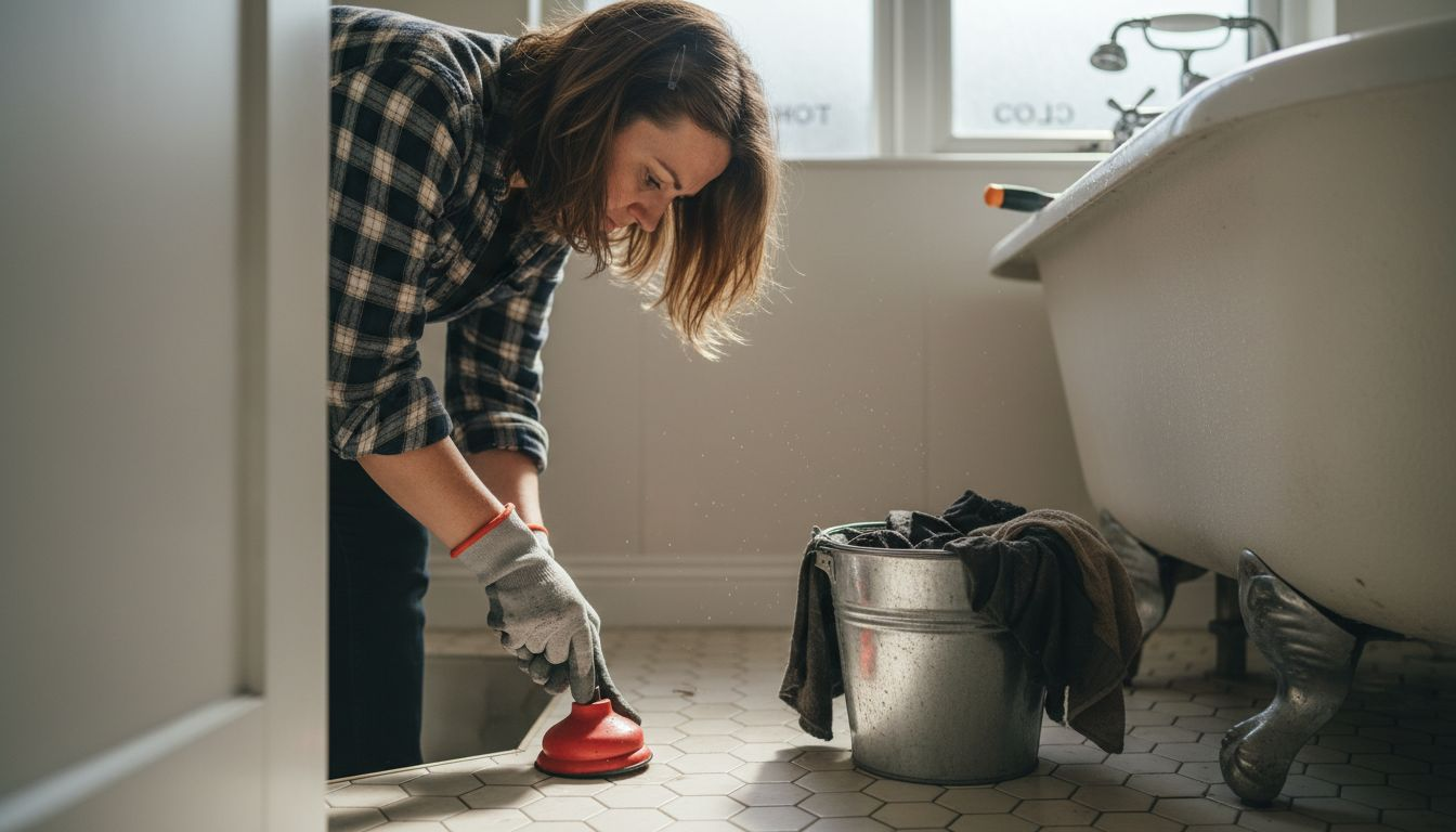 Person unblocking bathtub drain with plunger