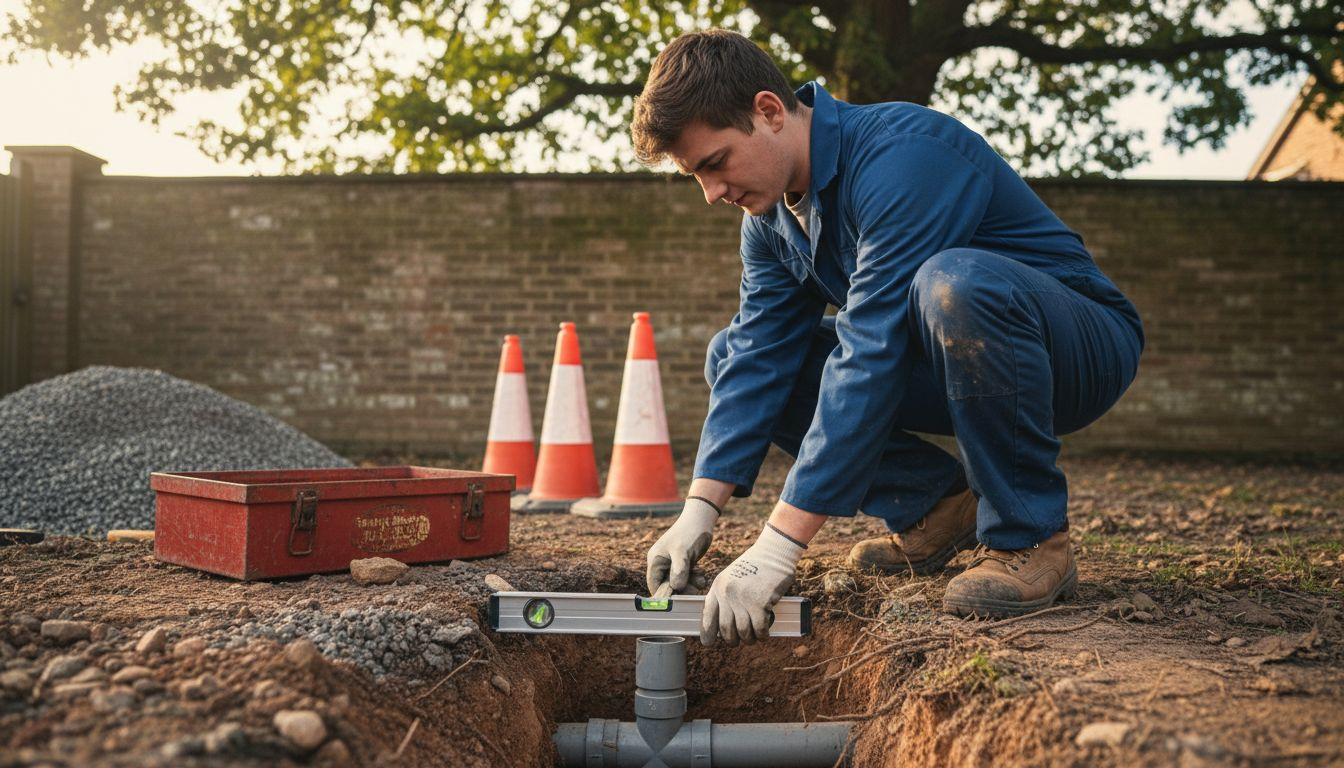 Technician aligning pipes in drainage pit
