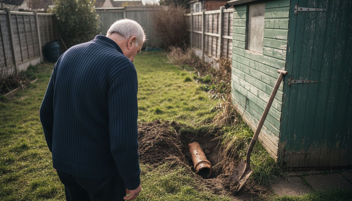 Homeowner examines damaged old drain pipe outside