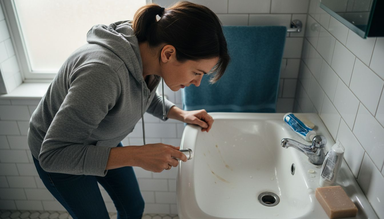 Woman inspecting bathroom sink blockage