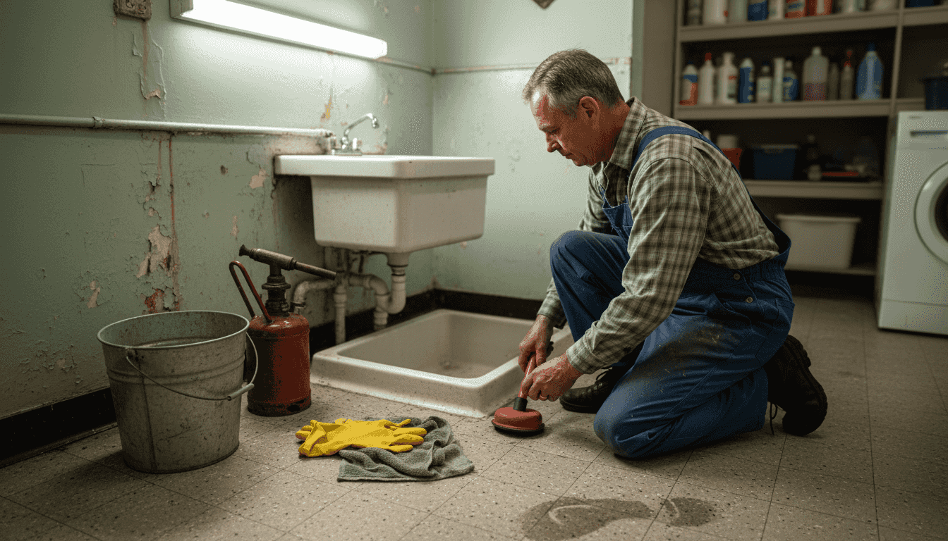 Person preparing drainage tools by utility sink