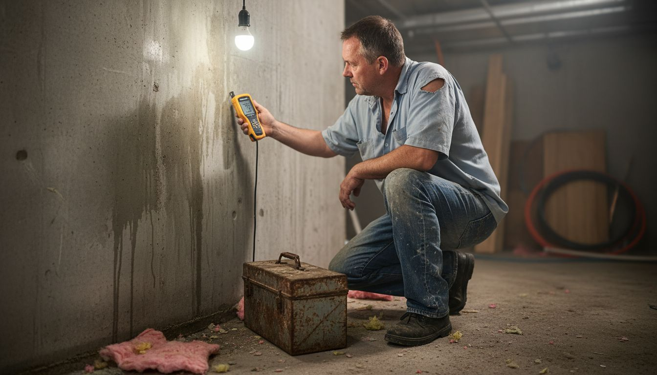 Plumber inspects damp basement foundation