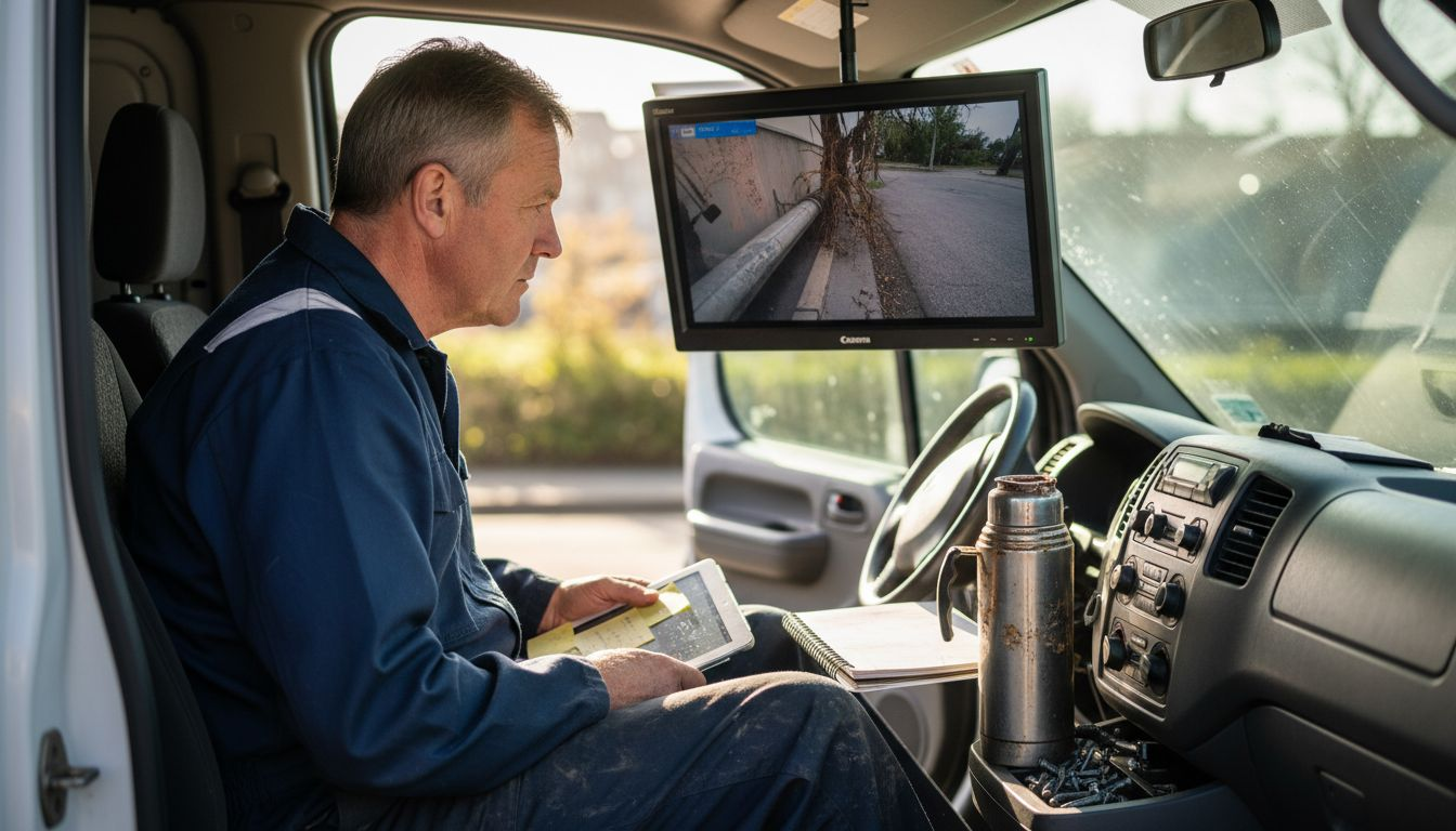 Technician viewing drain footage inside service van