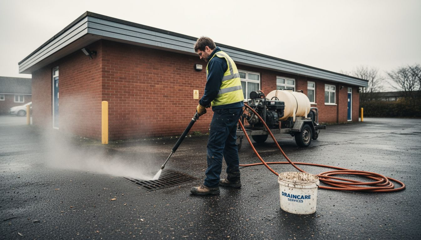 Contractor using high-pressure jet for drain cleaning