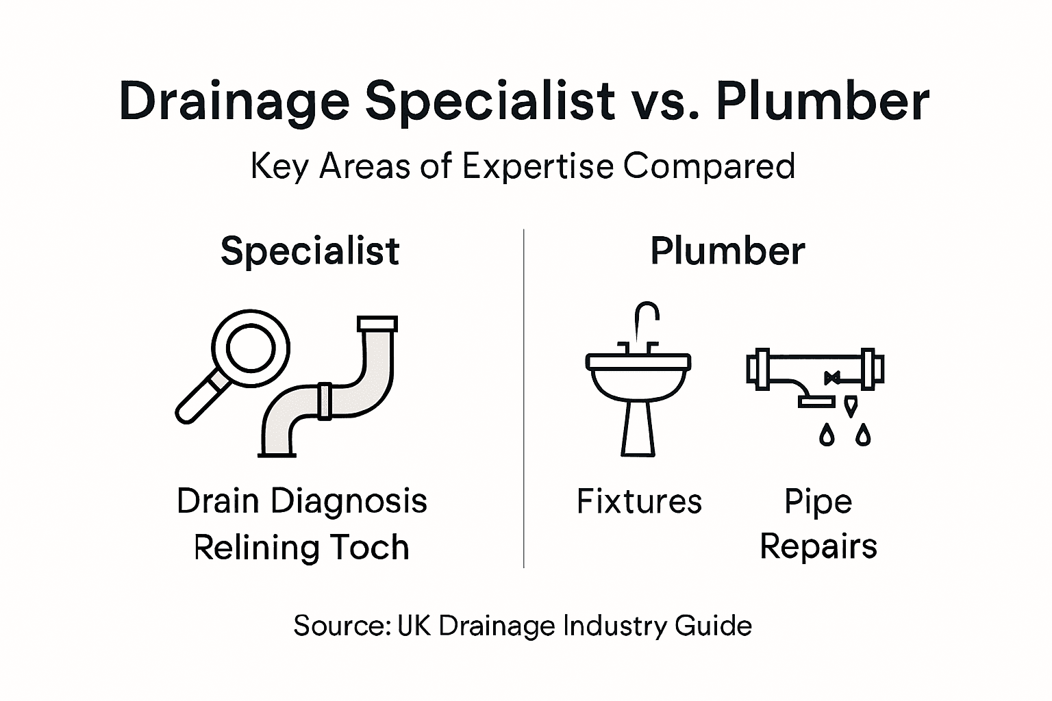 Infographic comparing drainage specialists and plumbers