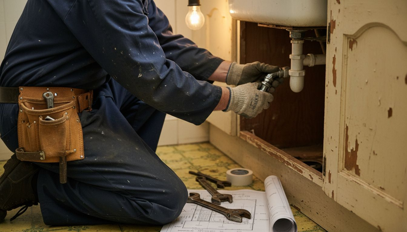 Closeup of drain repair under kitchen sink