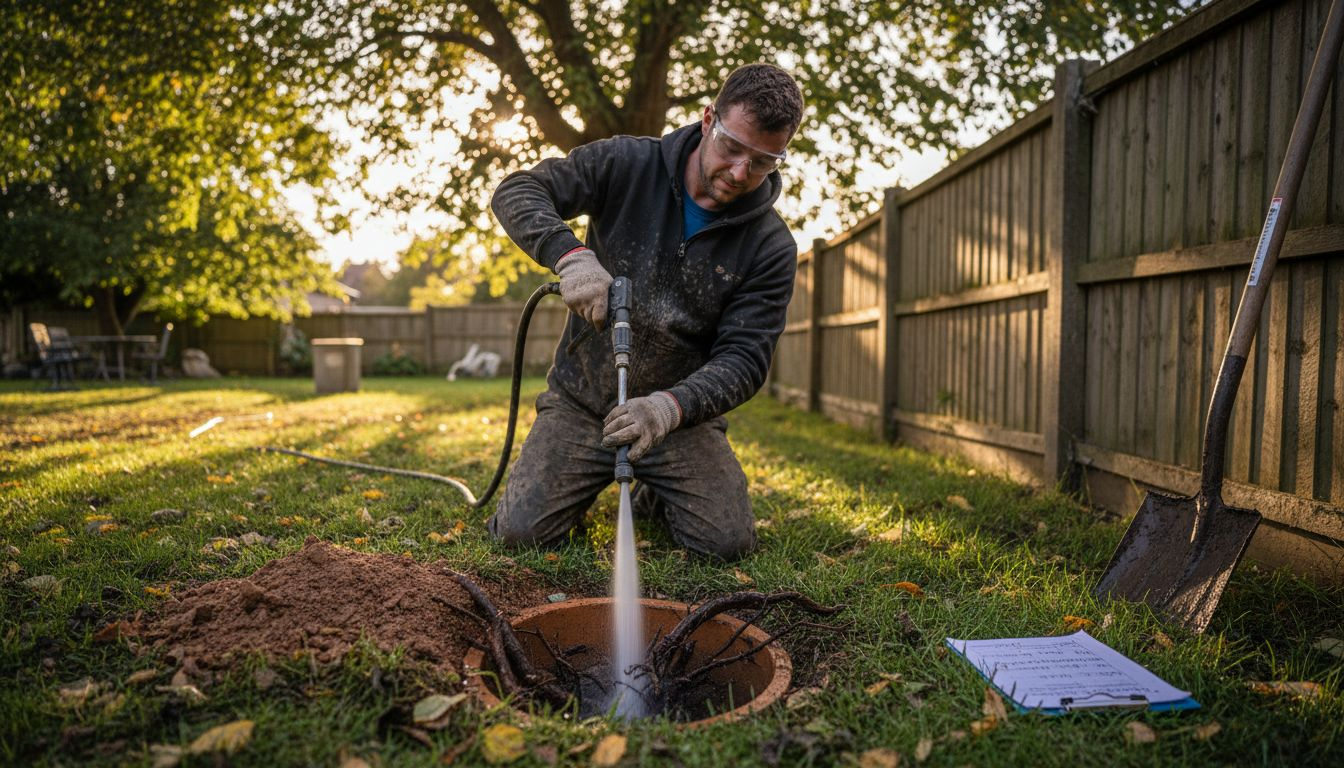 Technician jetting roots from clay pipe