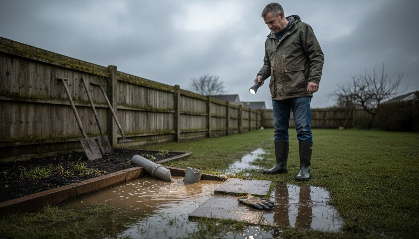 Homeowner examines cracked drainage pipe flood