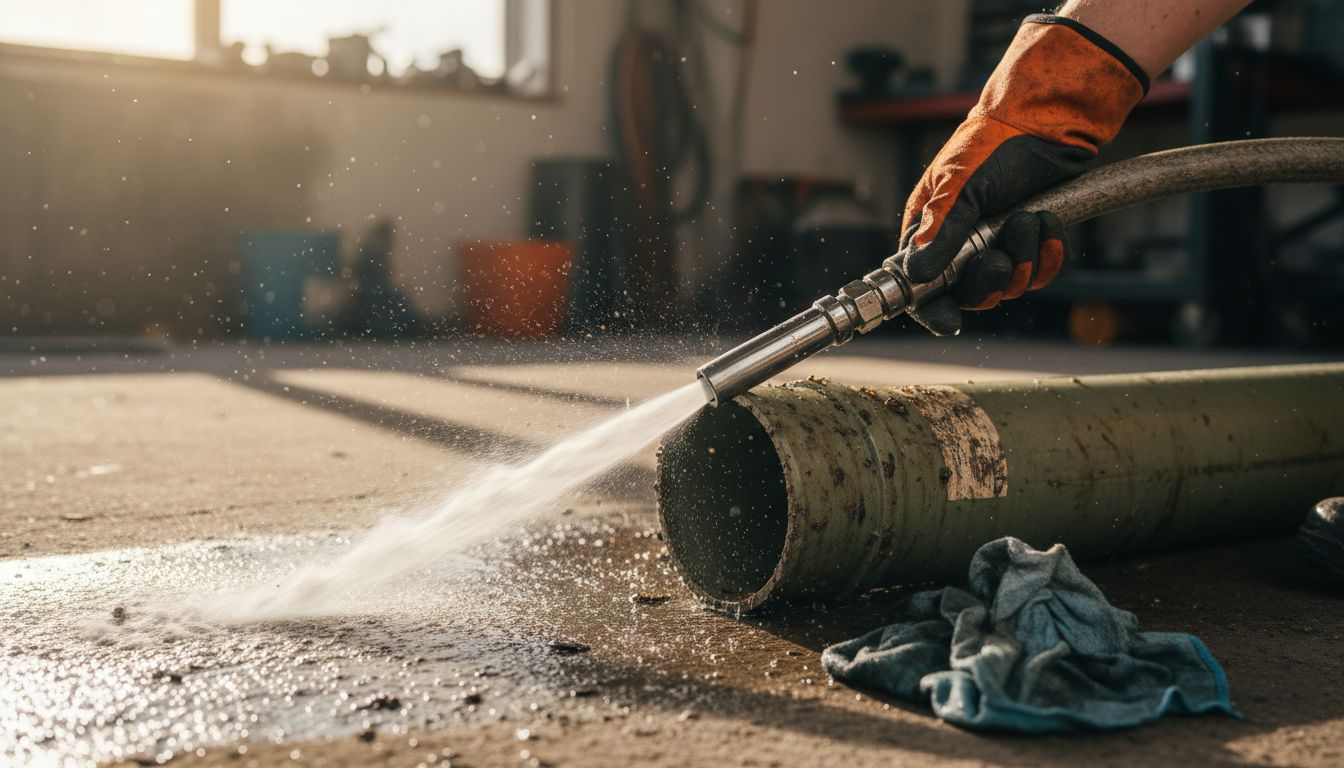 Jetting nozzle spraying water in pipe closeup