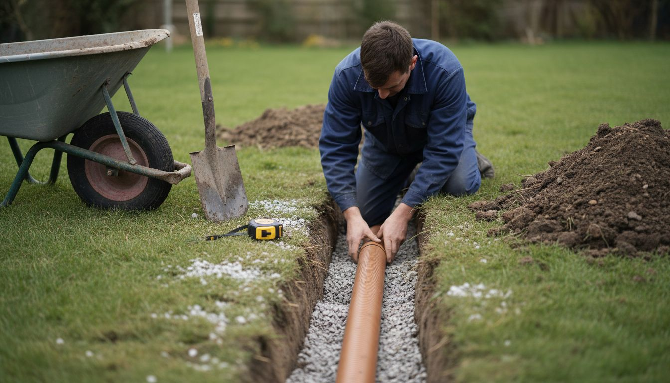 Worker placing drainage pipe in gravel trench