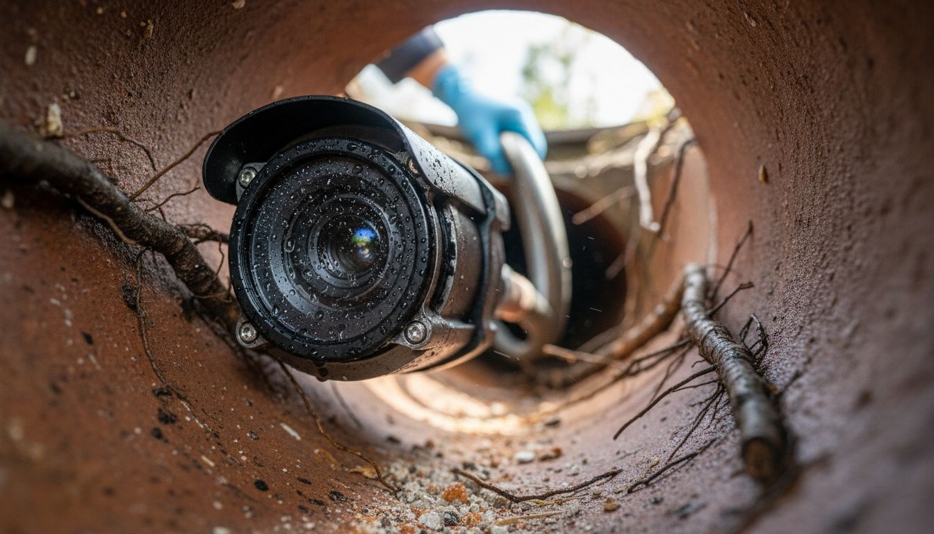 CCTV camera inspecting roots inside drainpipe