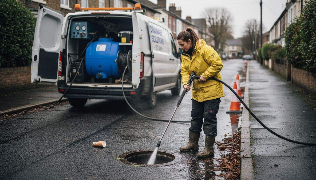 Technician using water jet into storm drain